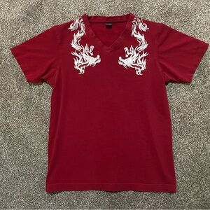 Smith Red V-Neck T-Shirt with silver tribal designs